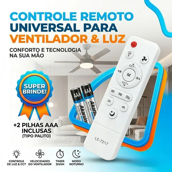 Controle Remoto Para Ventilador E27 Fan Light IR Teto com Luz Led Universal
