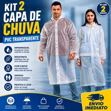 Kit 2 Capa Chuva Pvc Transparente Resistente Impermeável Unissex