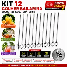 Kit 12 Colher Bailarina Suco Drink Chá Refresco Inox 20cm