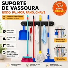 Suporte Parede Organizador Vassoura Rodo Pá Mop Pano Chave Preto