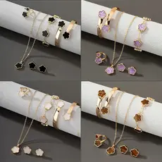 Conjunto de joias requintado KIT5, composto por colar, pulseira, bracelete, brincos e anel.(roxo)