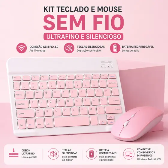 Teclado Sem Fio  por Bluetooth  com Mouse a pilha  e cabo USB - 10 Polegadas(verde claro)