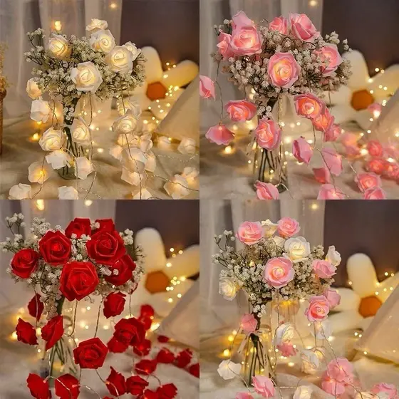 Buquê decorativo de rosas com luzes LED, dez rosas, flores artificiais para decoração de quarto, presente romântico.