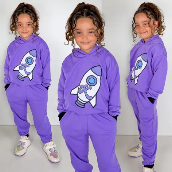 Conjunto Infantil Feminino Lilás Foguete Manga Longa c/Capuz + Calça Moletinho