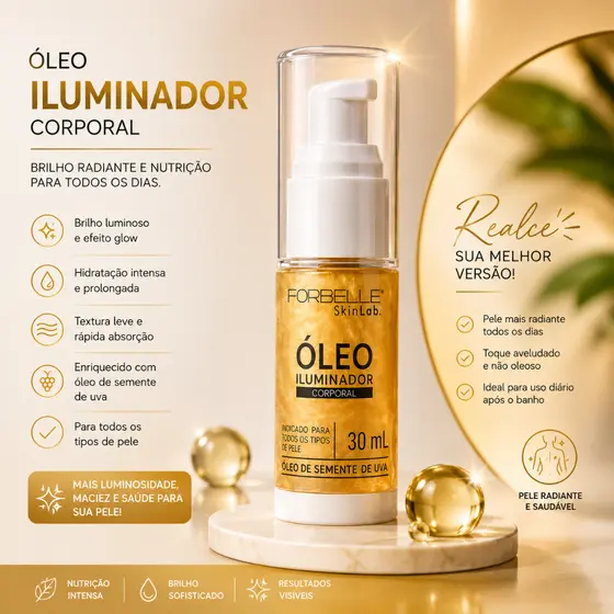 Óleo Iluminador Corporal Forbelle SkinLab 30ml | Com Óleo de Semente de Uva | Efeito Glow