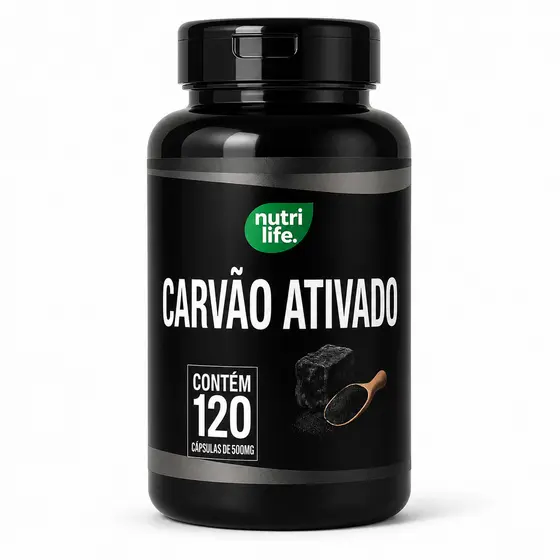 Carvão Ativado 500mg 120 Cápsulas Auxilia na Redução de Gases Intestinais e no Bem-Estar Digestivo
