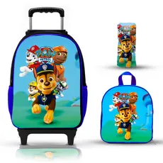 KIT MOCHILA ESCOLAR PATRULHA CANINA LANCHEIRA ESTOJO RODINHAS DE SILICONE E MOCHILA DE COSTAS