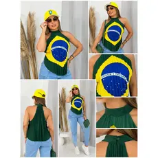 Blusa Feminina Brasil Plissada Verde Bandeira