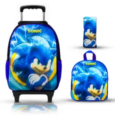 KIT MOCHILA ESCOLAR SONIC LANCHEIRA ESTOJO RODINHAS DE SILICONE E MOCHILA DE COSTAS