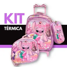 Kit Mochila escolar 3D Stitch Feminina com Rodinhas Estojo e Lancheira Térmica