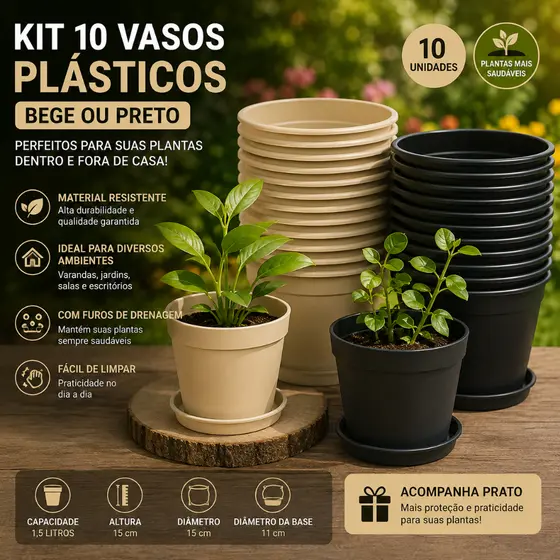 Kit 10 Vasos 1,5 Litros Bege preto com prato plantas flores mudas jardim casa apartamento decoração