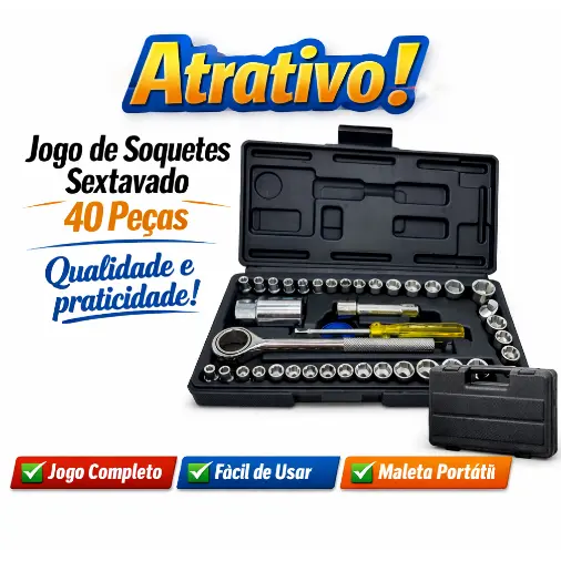 Jogo de soquetes Sextavado 40 Peças - Envio Imediato