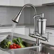 Torneira de Cozinha de Bancada com Filtro PP, Duas Saídas Independentes, Mangueira Flexível com Rotação 360°, Acabamento
