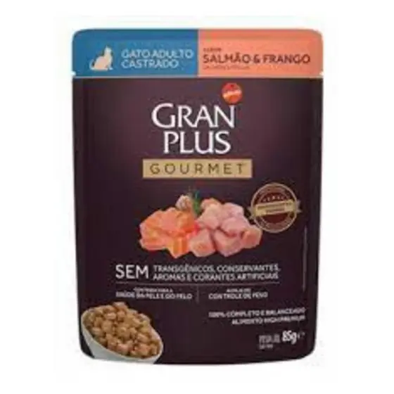 Ração Úmida GranPlus Gourmet Sachê para Gatos Castrados Sabor Salmão e Frango 85g