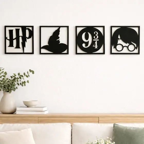 Kit 4 Quadros Harry Decorativo em MDF Preto 3mm Premio Decoração de Casa Quarto Brindes