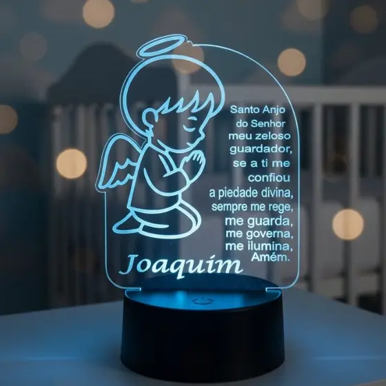 Luminária Anjo da Guarda Personalizada Oração Led em Cores