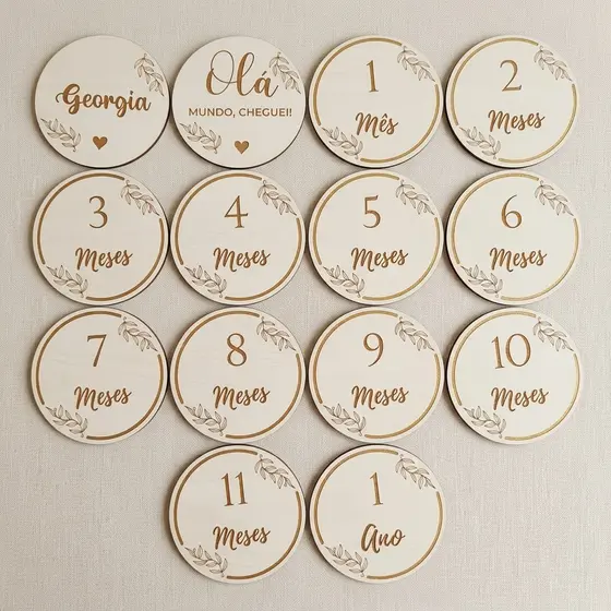 Kit 14 Plaquinha Mêsversário Em MDF Bebê 10Cm Decorativo Para Fotos
