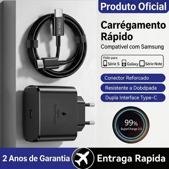 Carregador 45W Super Rápido + Cabo Tipo‑C Compatível Samsung S24 S23 S22 S21 Note20 Note10 Galaxy A