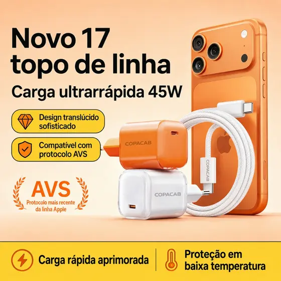 Fonte carregador 45W PD USB - C Super Rápido + Cabo USB-C para iPhone 15 16 17 18 Pro Max e Samsung/Android original