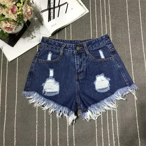 Cintura alta rasgado Denim Shorts feminino verão estudante versão coreana borda desgastada perna larga gordura mm solto