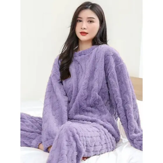 Pijama de lã Coral grosso feminino outono inverno 2024 novo estilo quente terno de duas peças pode usar fora tamanho gra