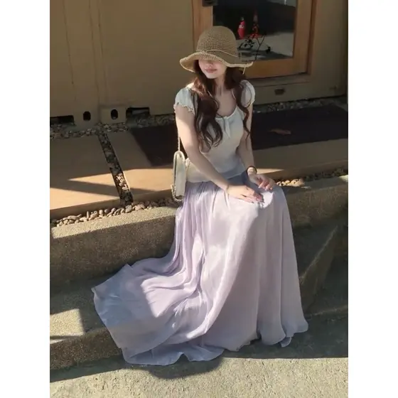 2025 novo estilo verão Tencel saia brilhante feminina comprimento médio plissado grande balanço saia cintura alta mais m