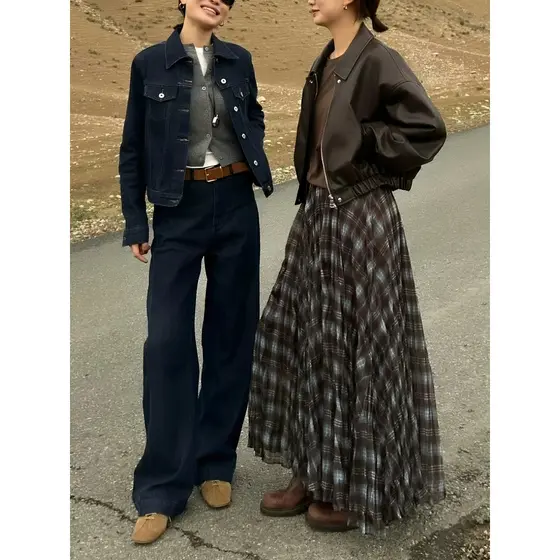 Retro xadrez saia plissada feminina 2026 primavera verão novo estilo cintura elástica mais magro olhar grande balanço ma