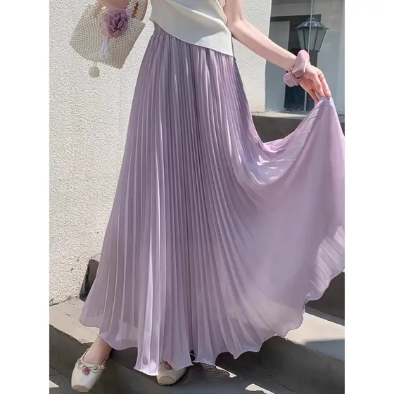 Perfumado Taro roxo plissado Chiffon saia feminina verão férias estilo elegante Drape grande bainha guarda-chuva saia pl
