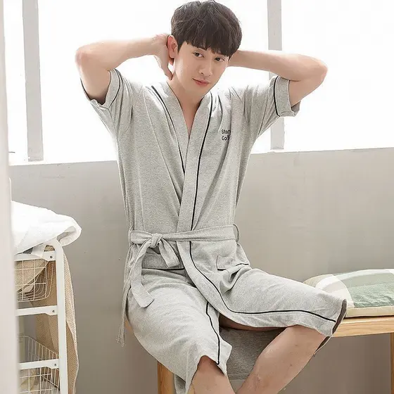 Sonho verão cinza algodão camisola masculina verão de manga curta estilo fino casa longo pijamas masculinos casal Homewe