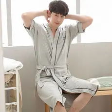 Sonho verão cinza algodão camisola masculina verão de manga curta estilo fino casa longo pijamas masculinos casal Homewe