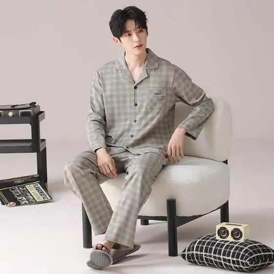 Sonho pijamas de algodão puro masculino primavera outono manga comprida Cardigan adolescente pai solto tamanho grande Ho