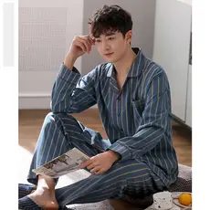 Dream [Algodão Xinjiang] Primavera Outono Masculino Puro Algodão Manga Comprida Loungewear Listras Podem Usar Fora Conju