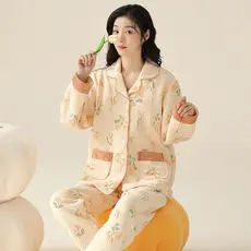 Dream puro algodão senhoras pijamas quentes conjunto de calças de manga comprida Loungewear interlayers ar algodão outon