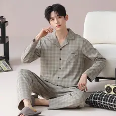 Sonho pijamas de algodão puro masculino primavera outono Cardigan de manga comprida adolescente solto tamanho grande Lou