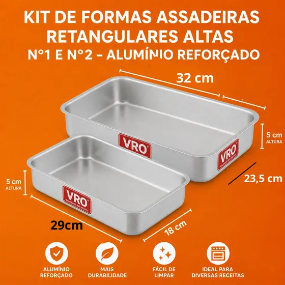 Kit 2 Formas Retangulares Altas em Alumínio – Nº1 e Nº2 para Bolo, Tortas, Sobremesas e Assados