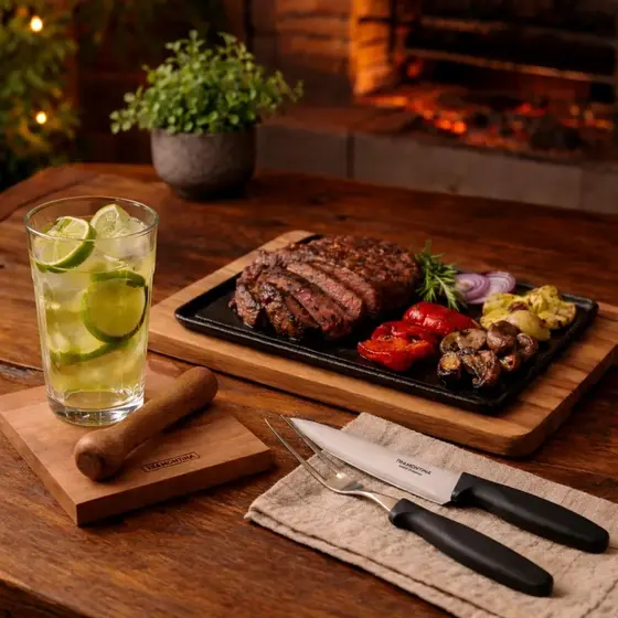 Tabua Churrasco Mix Grill Retangular em Ferro Fundido com Base em Madeira Teca com Acabamento Lixado.