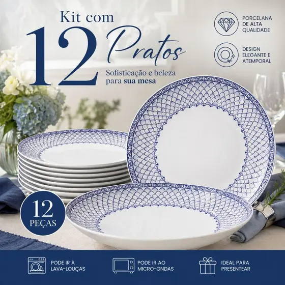 12 Pratos Fundo Tramontina Umeko em Porcelana Decorada Azul 22 cm