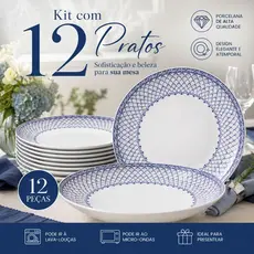 12 Pratos Fundo Tramontina Umeko em Porcelana Decorada Azul 22 cm