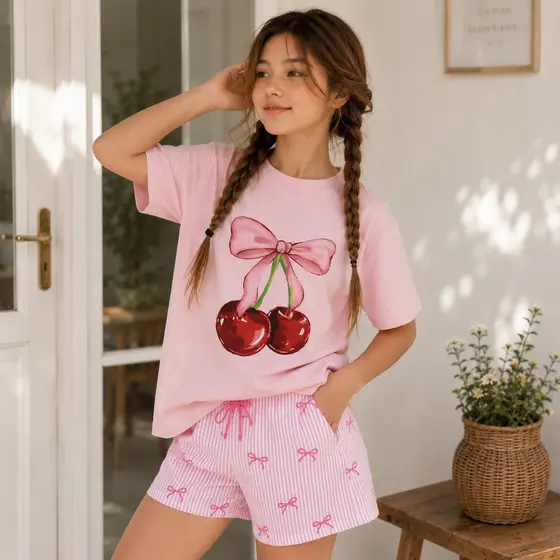 Camisa Estampada Infantil Camiseta Cereja Laço Rosa Menina Blogueirinha T-shirt Gola Redonda