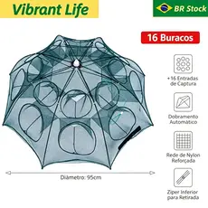 Rede de Pesca Dobrável em Nylon – Armadilha Automática para Camarões e Peixes, 6/10/16 Furos, Formato Guarda-Chuva
