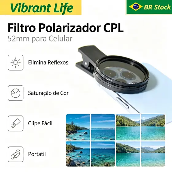 Kit 52mm Filtro Cpl Lente Polarizador Para Celular Clipe Anti Reflexo Com Estojo
