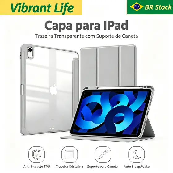 Capa Protetora Inteligente para iPad — Traseira Transparente Rígida com Bumper TPU Flexível e Suporte Triplo