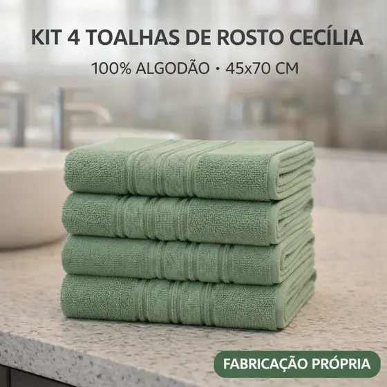 Kit 4 Toalhas Rosto Cecília Premium 45x70cm Algodão Felpuda Banheiro Alta Absorção
