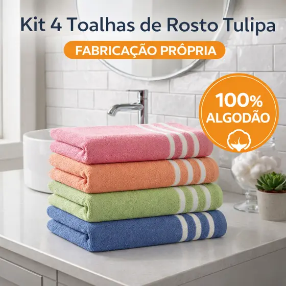 Kit 4 Toalhas de Rosto Tulipa Algodao Macia Felpuda Banheiro 45x75