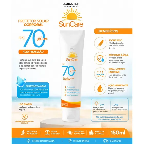 Protetor Solar Corporal FPS 70 150ml Toque Seco Resistente à Água Proteção UVA e UVB