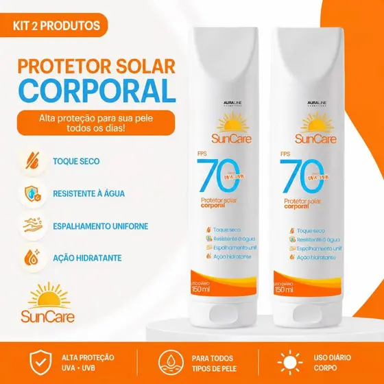 Kit 2 Protetores Solar Corporal FPS 70 SunCare 150ml Alta Proteção Toque Seco Uso Diário
