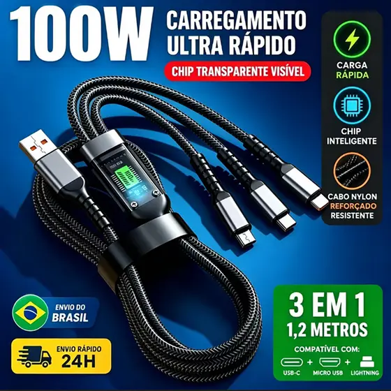 Cabo De Carregamento 3 Em 1 De Liga De Zinco 100W 6A Carregador Super Rápido USB-A1