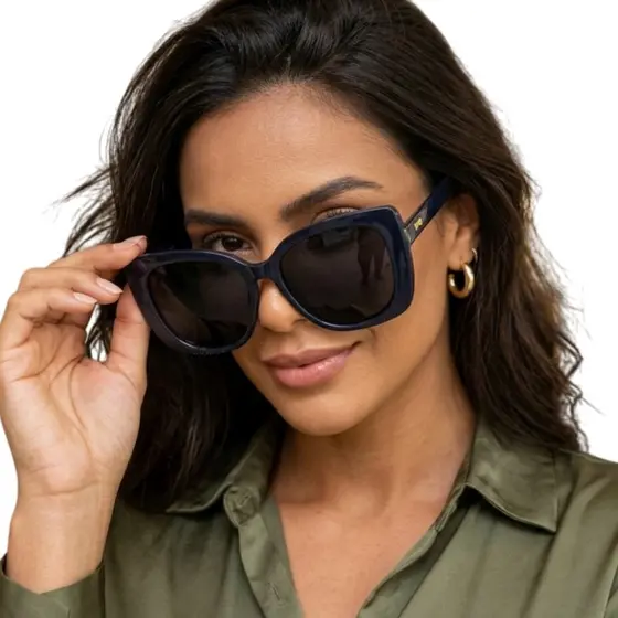 Óculos de Sol Feminino Gatinho Oversized Preto UV400 Estilo Fashion Moderno Elegante MD-07