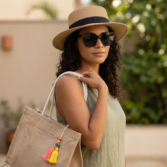 Kit Verão Feminino Bolsa Praia Com Zíper Chapéu Elegante E Óculos MD-33 UV400