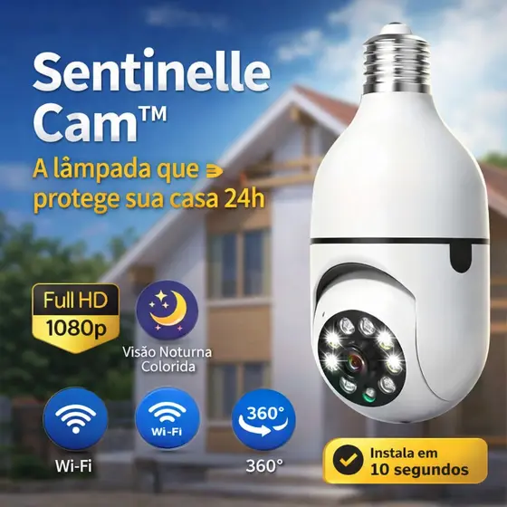 Câmera Lâmpada WiFi 360° Full HD 1080p Sentinelle Cam Visão Noturna Segurança com Áudio e App